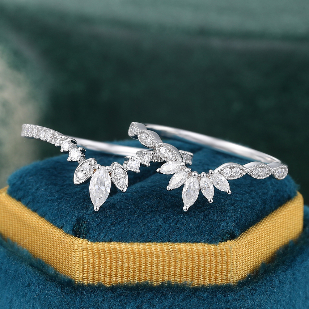 Juyoyo Unique Moissanite Double Curved Wedding Band Anniversary Stacking Ring for Women - 2pcs