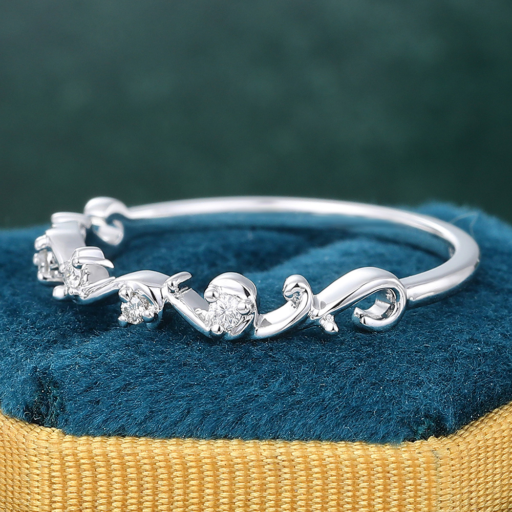 Juyoyo 14K White Gold Round Cut Moissanite Wedding Band Wave Stackable Promise Ring