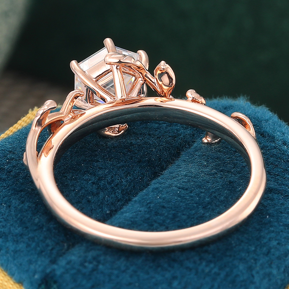 Juyoyo Hexagon Cut Moissanite Engagement Ring Rose Gold Nature Inspired Bridal Ring