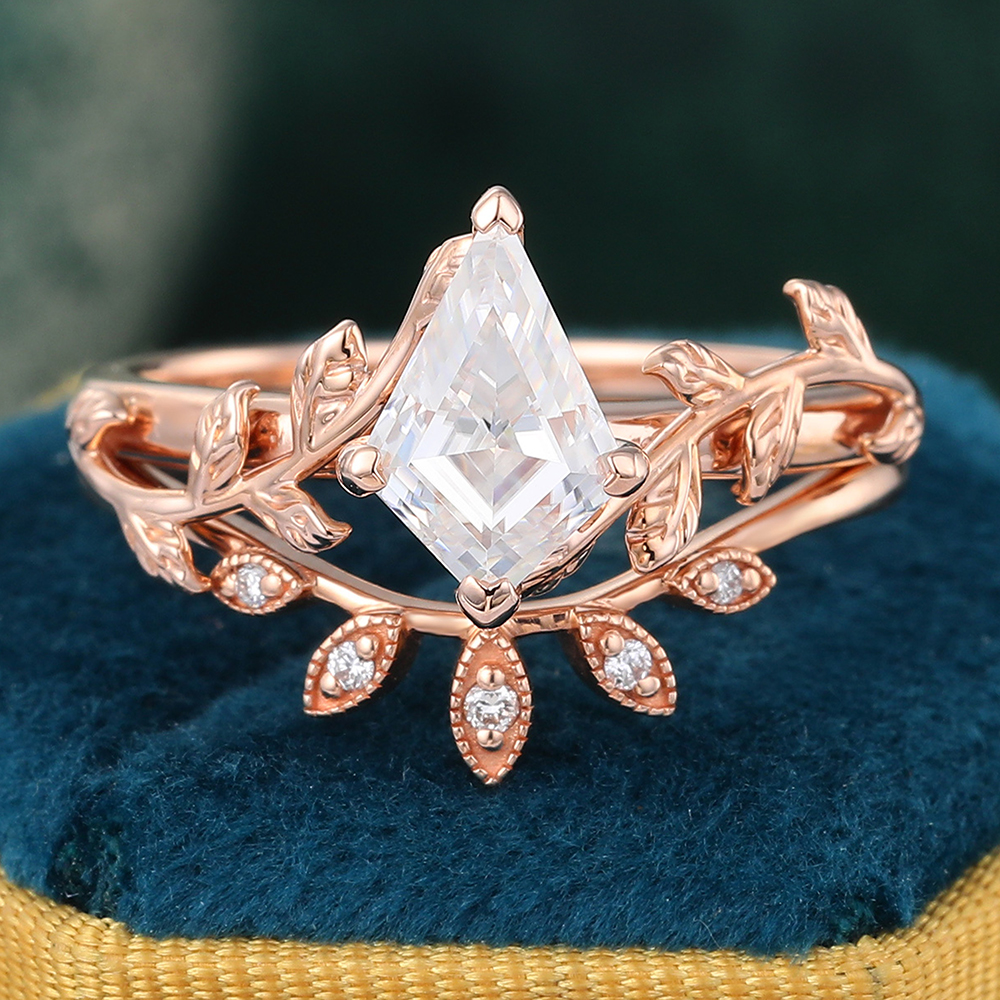Juyoyo Vintage Moissanite Bridal Ring Set Rose Gold Nature Inspired Engagement Ring Set - 2pcs