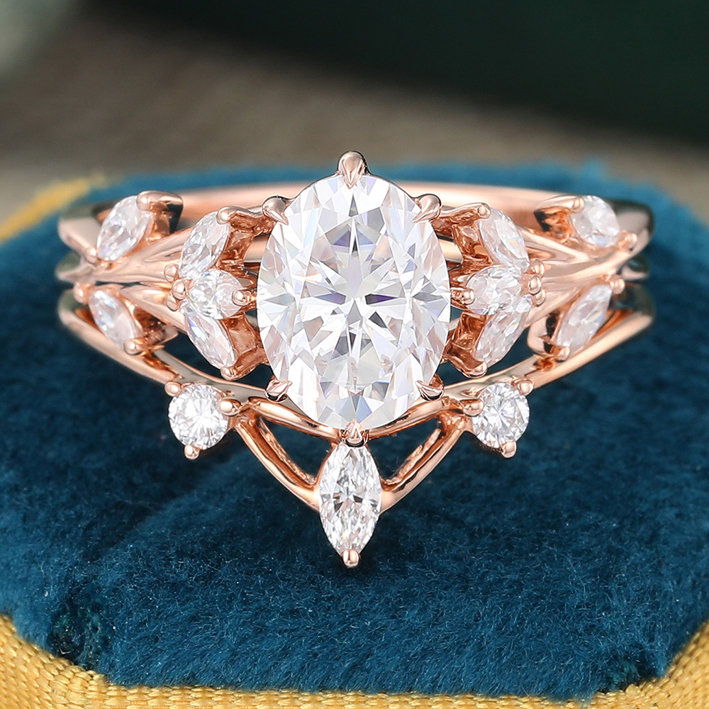 Juyoyo Vintage Moissanite Bridal Ring Set Nature Inspired Diamond Cluster Engagement Ring Set - 2pcs