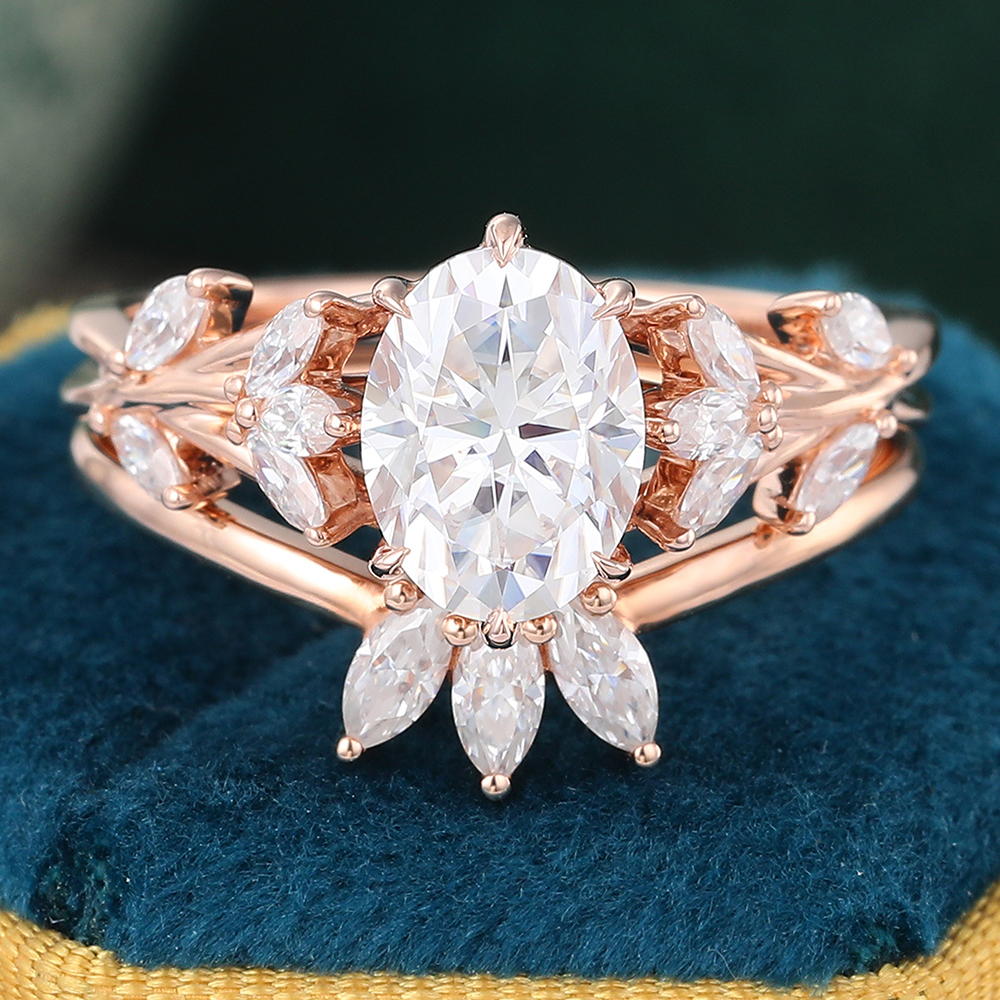 Juyoyo Unique Moissanite Engagement Ring Set Nature Inspired Tiara Crown Wedding Ring Set - 2pcs