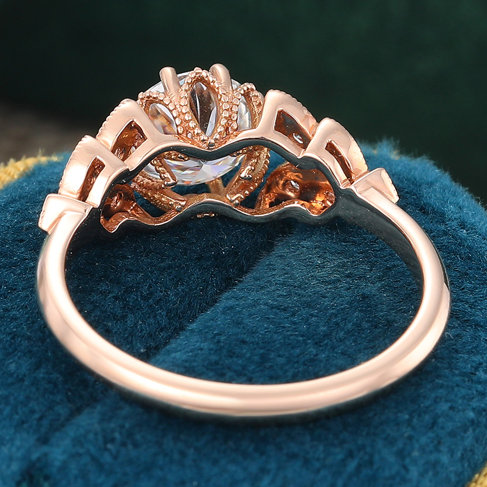 Juyoyo Round Cut Moissanite Engagement Ring Nature Inspired Antique Navette Diamond Ring