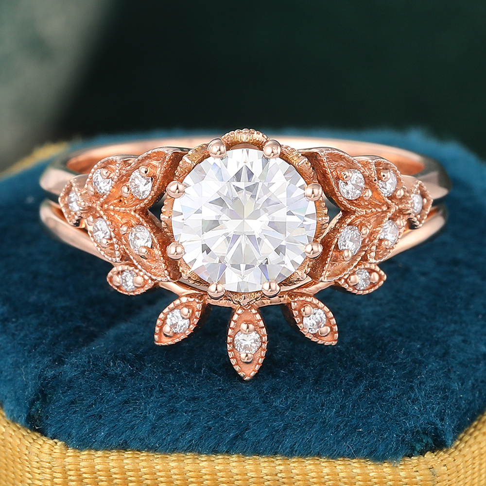 Juyoyo Antique Navette Engagement Ring Set Moissanite Bridal Ring Set in 14K Rose Gold - 2pcs