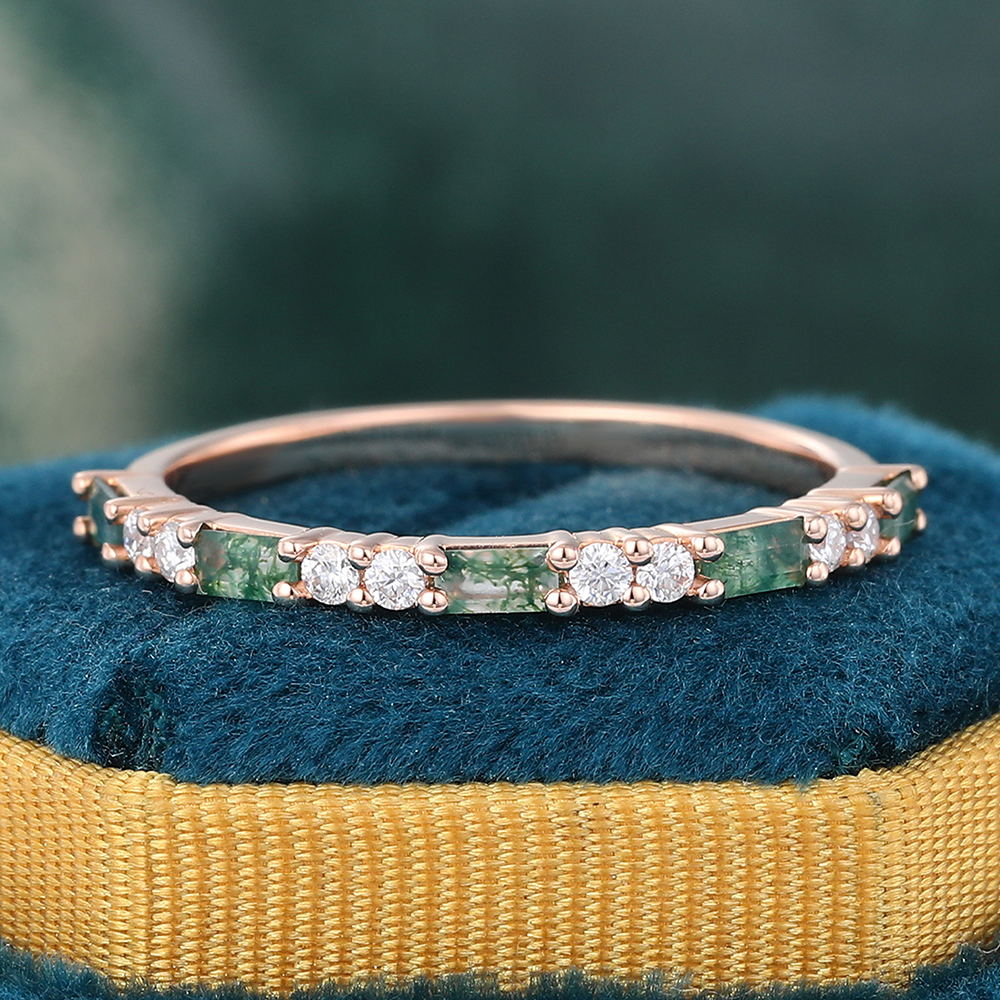 Juyoyo Simple Baguette Moss Agate and Round Moissanite Anniversary Wedding Band in Rose Gold