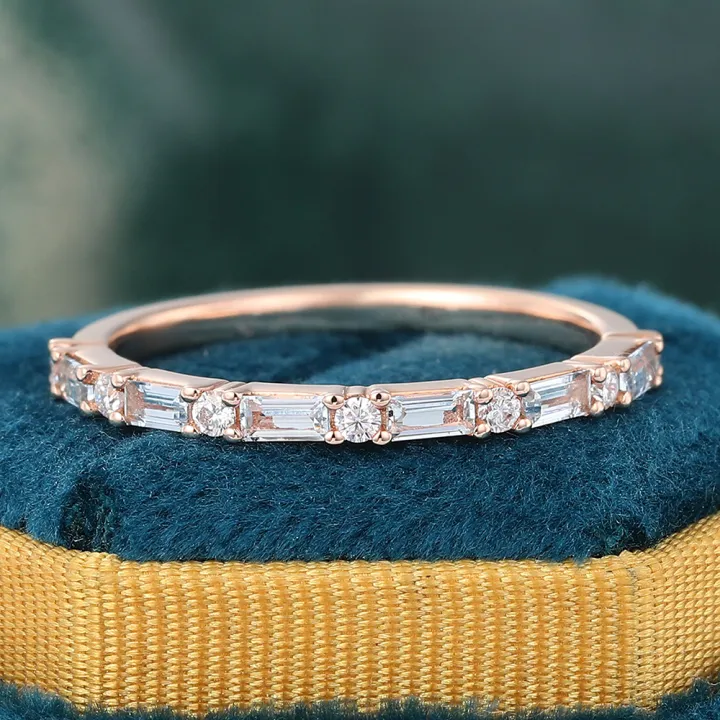 Baguette Cut Aquamarine Wedding Band Rose Gold Anniversary Promise Ring March Birthstone Gift