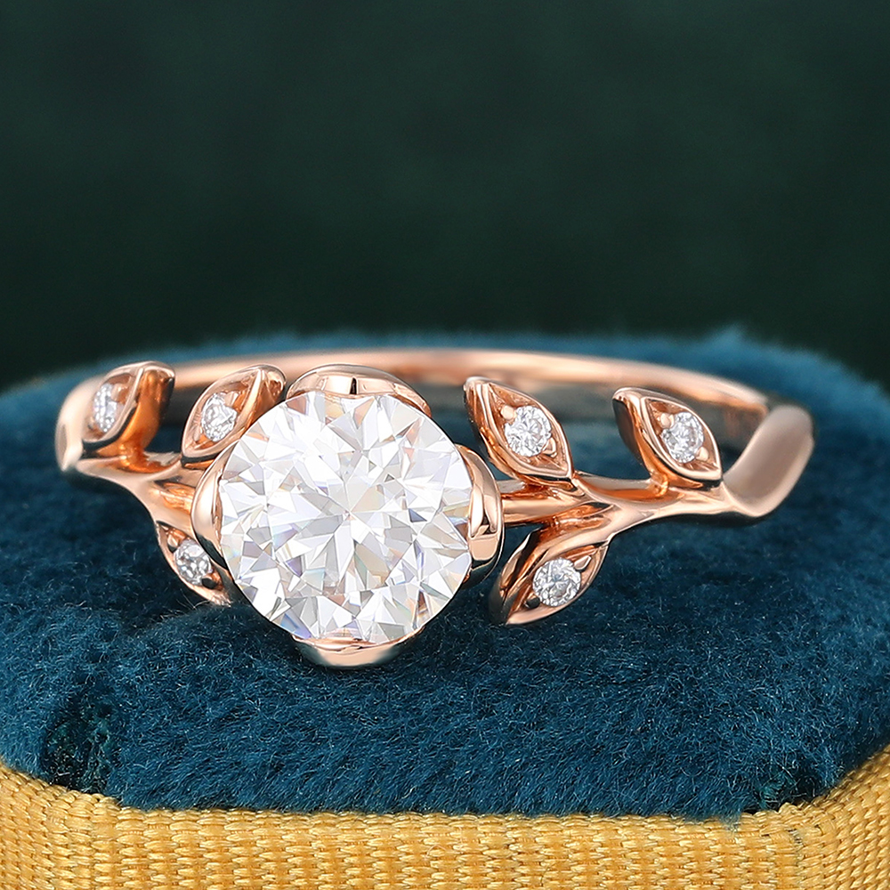 Juyoyo Round Cut Moissanite Engagement Ring Leaf Nature Inspired Diamond Ring 14K Rose Gold