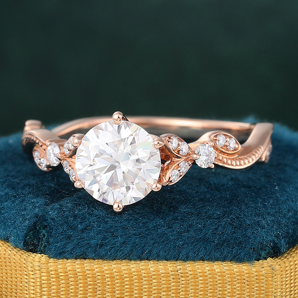 Juyoyo 14K Rose Gold Round Moissanite Engagement Ring Vintage Twisted Diamond Ring for Women