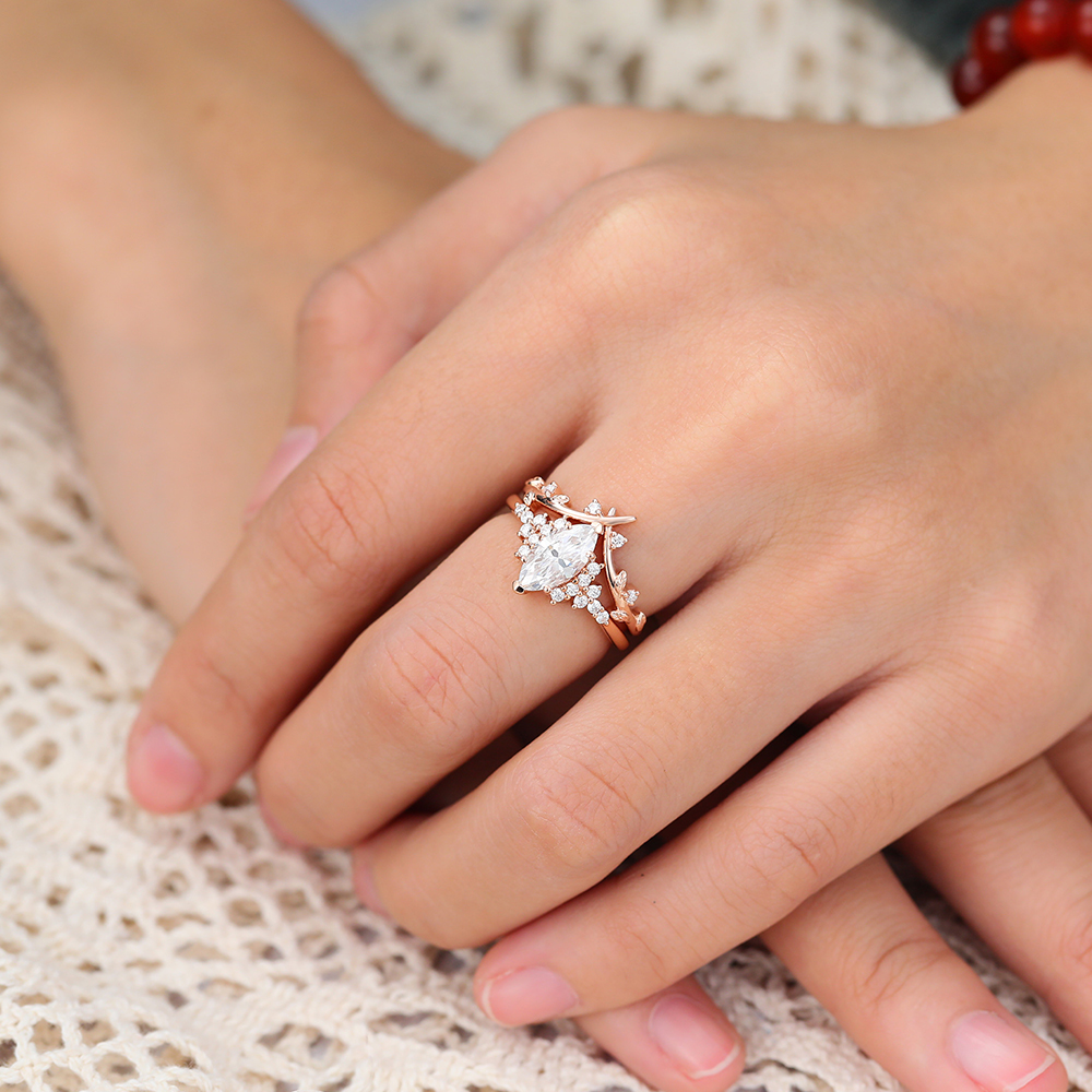 Juyoyo Marquise Cut Moissanite Bridal Ring Set Vintage Rose Gold Cluster Engagement Ring Set - 2pcs