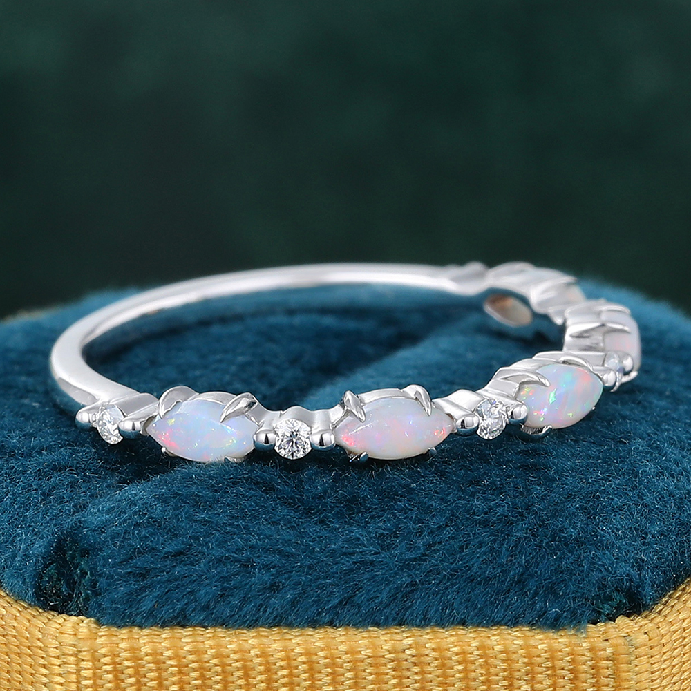 Juyoyo Marquise Cut Opal Half Eternity Wedding Band White Gold Stackable Ring October Birthstone