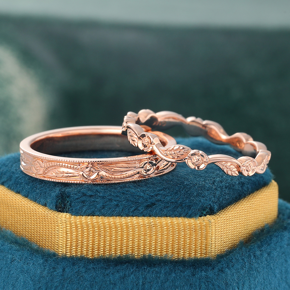 Juyoyo Vintage Rose Gold Double Wedding Band Foliage Stacking Anniversary Rings for Women - 2pcs