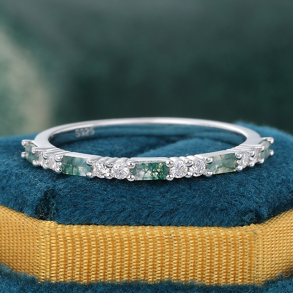 Juyoyo Simple Baguette Moss Agate and Round Moissanite Anniversary Wedding Band in White Gold