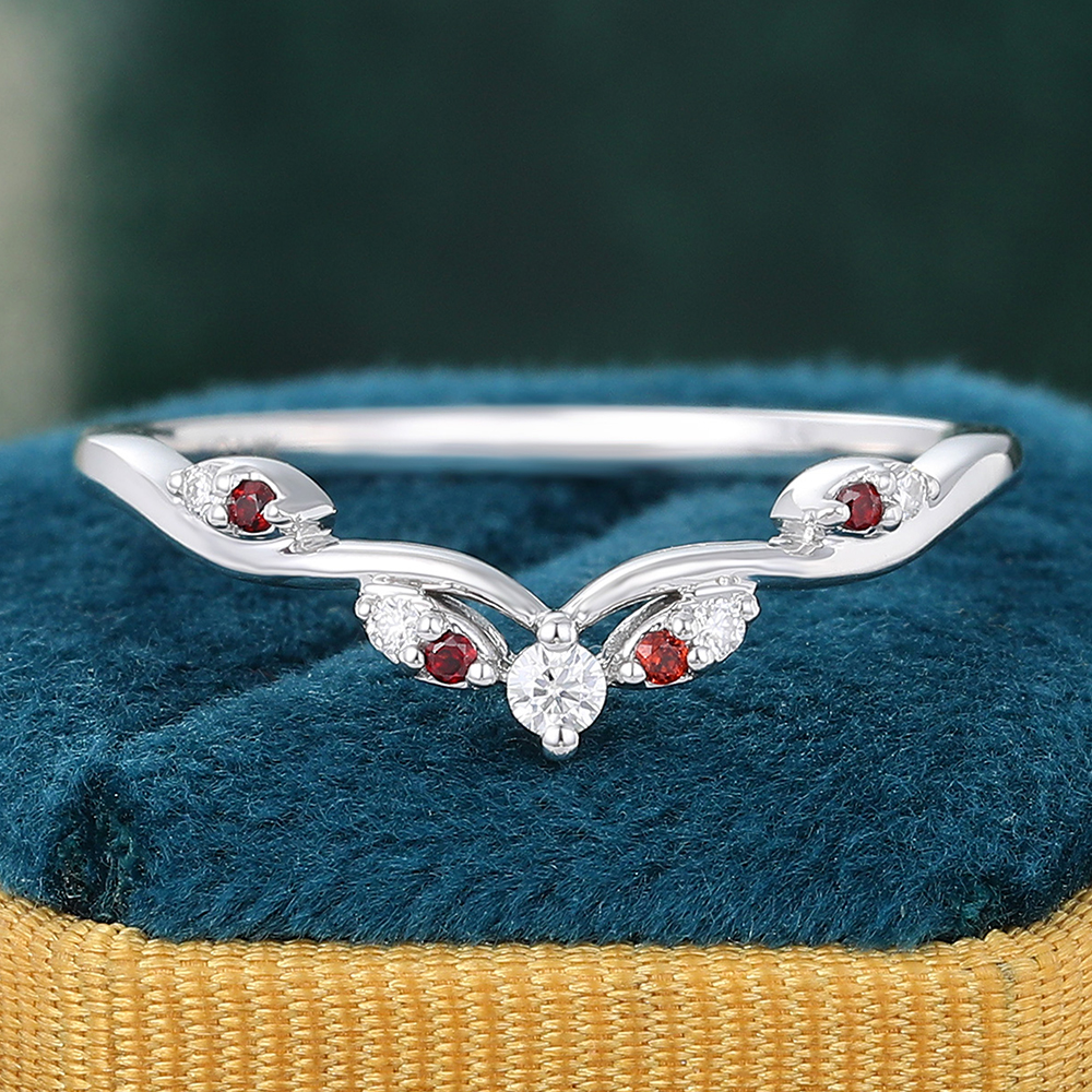 Juyoyo Unique Garnet & Moissanite Wedding Ring 14K White Gold Curved Wedding Band