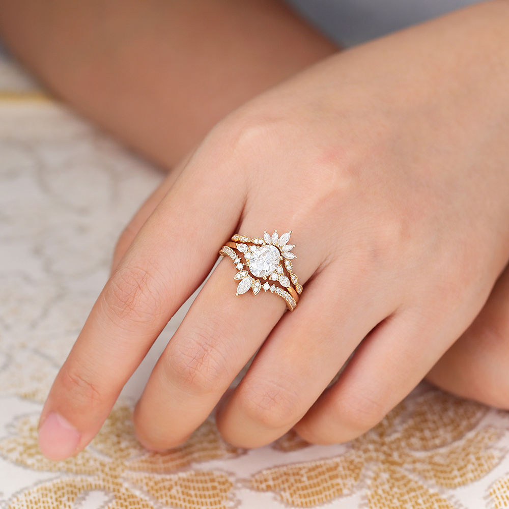 Juyoyo Luxury Oval Cut Moissanite Bridal Ring Set 14K Gold Diamond Milgrain Wedding Ring Set - 3pcs