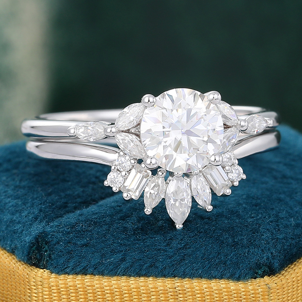 Juyoyo Round Cut Moissanite Bridal Ring Set 14K White Gold Diamond Cluster Engagement Ring Set