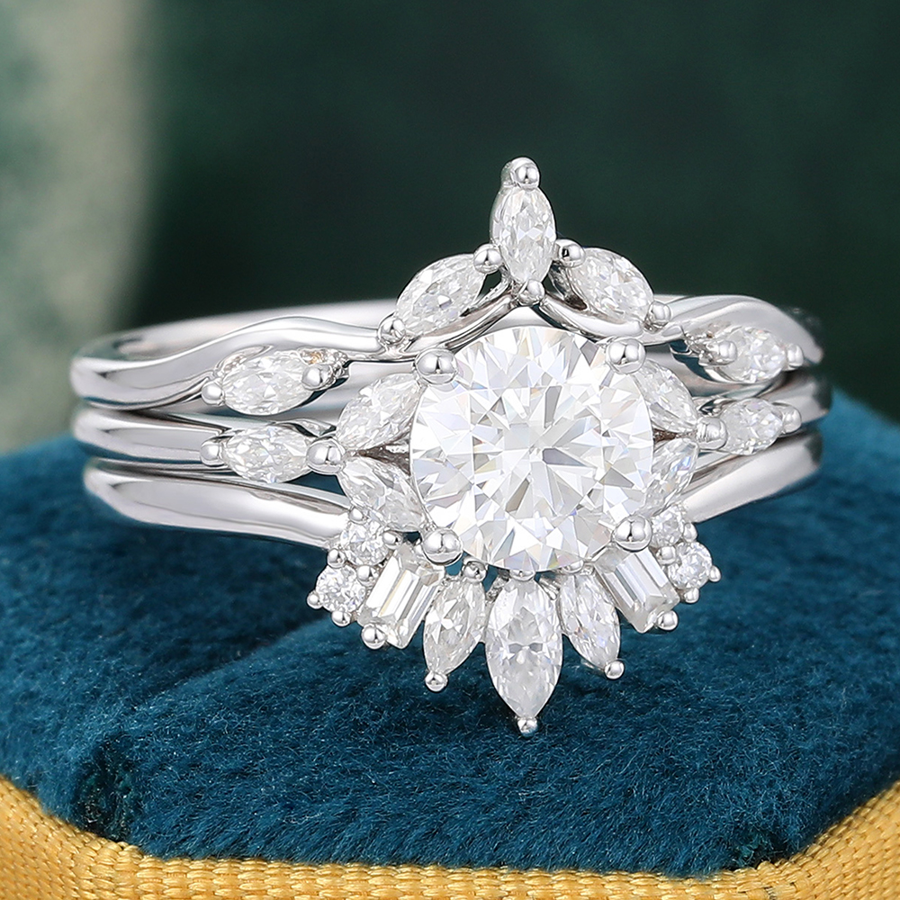 Juyoyo Moissanite Wedding Ring Set Diamond Cluster Bridal Ring Set in White Gold - 3pcs