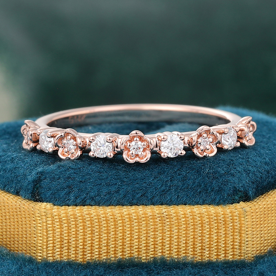 Floral Blossom Moissanite Stacking Anniversary Ring Half Eternity Band in 14K Rose Gold