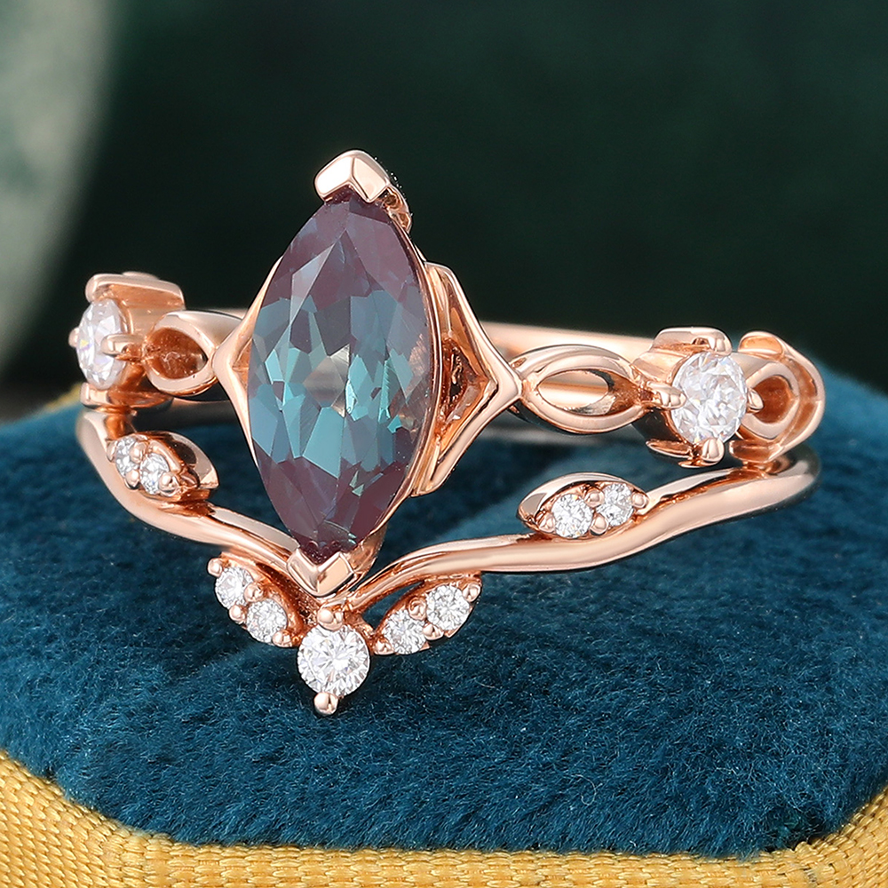 Rose Gold Alexandrite Bridal Set Vintage Engagement Ring