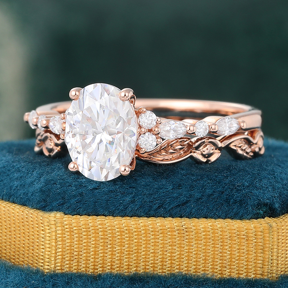 Juyoyo Oval Cut Moissanite Bridal Ring Set Vintage Nature Inspired Engagement Ring Set - 2pcs