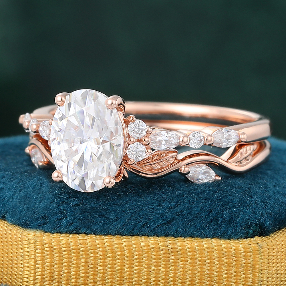 Juyoyo Oval Moissanite Bridal Ring Set Vintage Wedding Ring Set Inspired by Nature - 2pcs