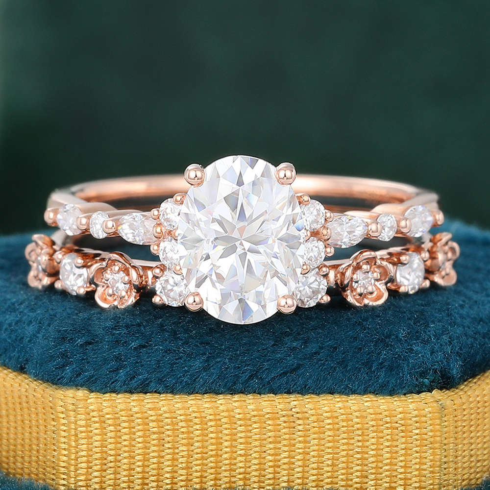 Juyoyo Oval Moissanite Bridal Ring Set Unique Floral Nature Inspired Engagement Ring Set - 2pcs