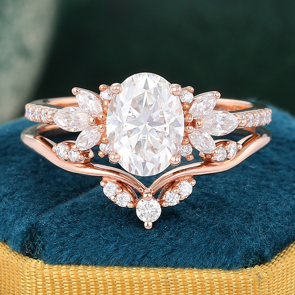 Juyoyo Oval Moissanite Engagement Ring Set Rose Gold Vintage Diamond Bridal Ring Set Women - 2pcs