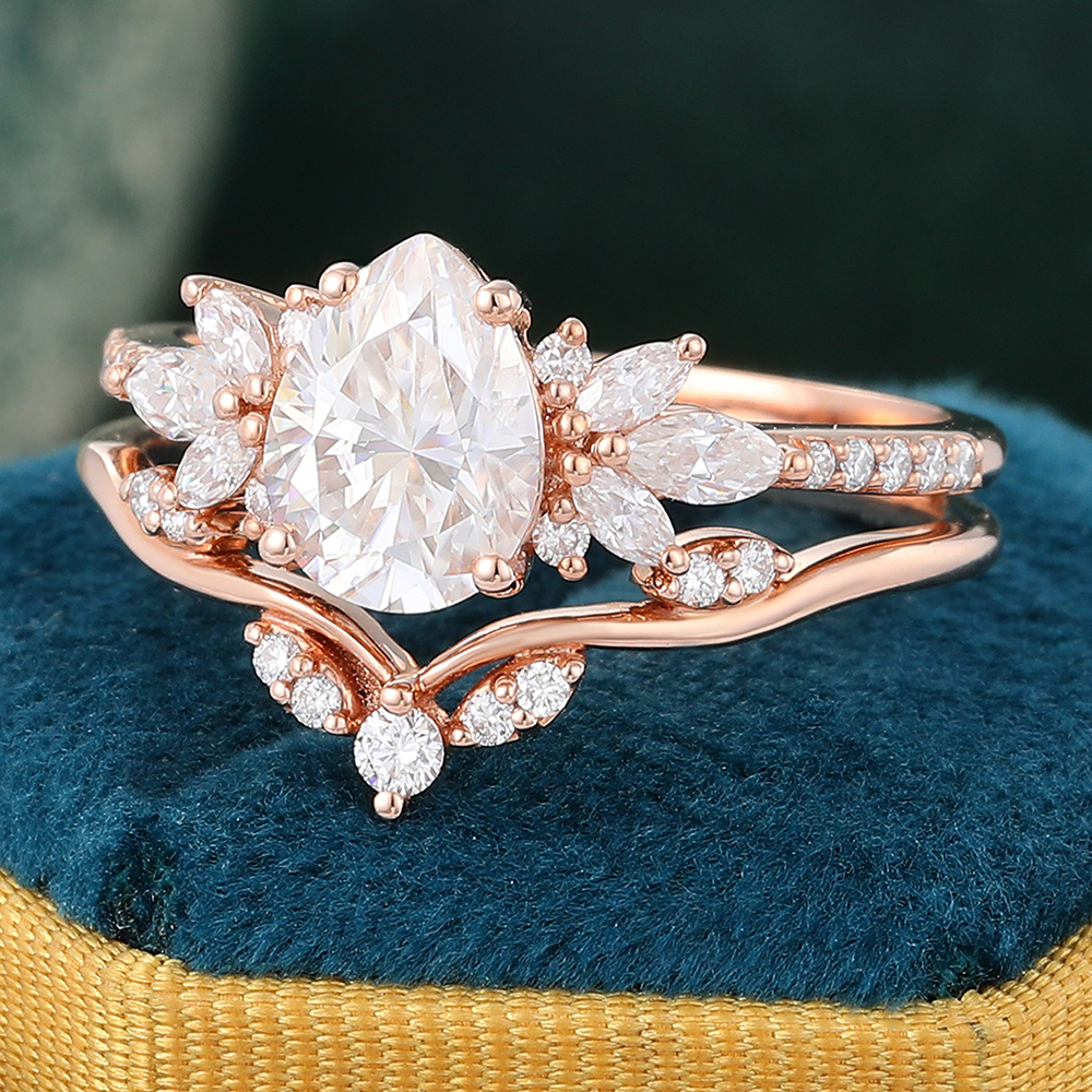 Juyoyo Pear Shaped Moissanite Wings Bridal Ring Set Diamond Accented Engagement Ring Set - 2pcs