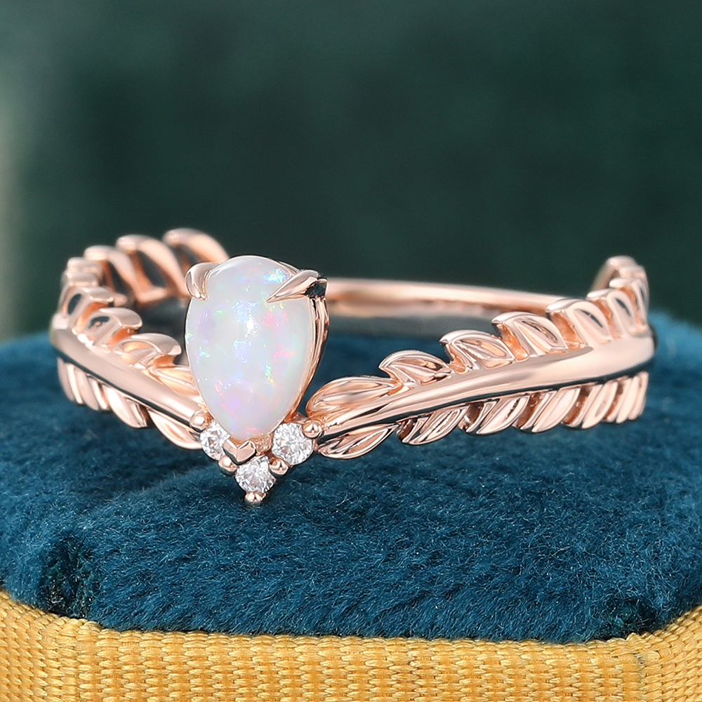 Juyoyo Signature V Teardrop Opal Leaf Inspired Engagement Ring with Diamond Accents