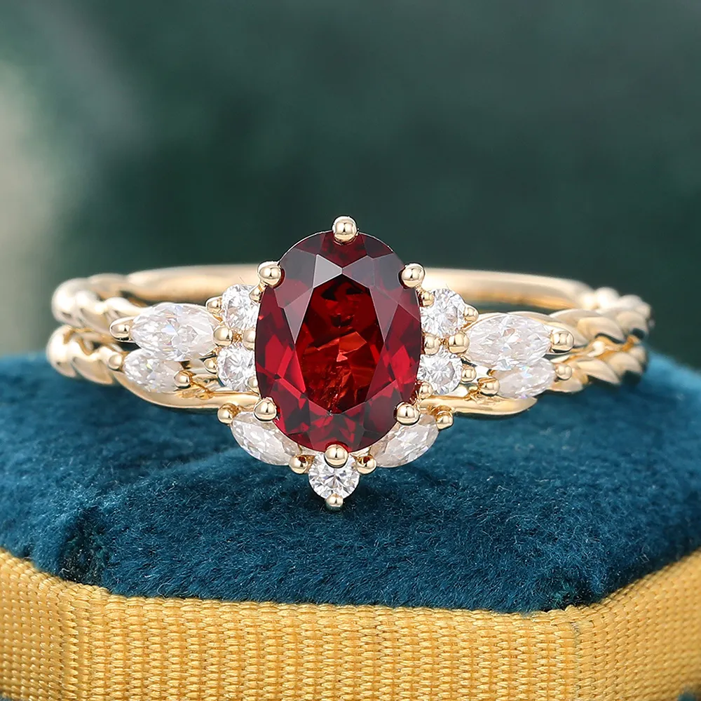 Vintage Oval Cut Garnet & Diamond Engagement Ring Set for Women 14K Gold Twisted Rings - 2pcs