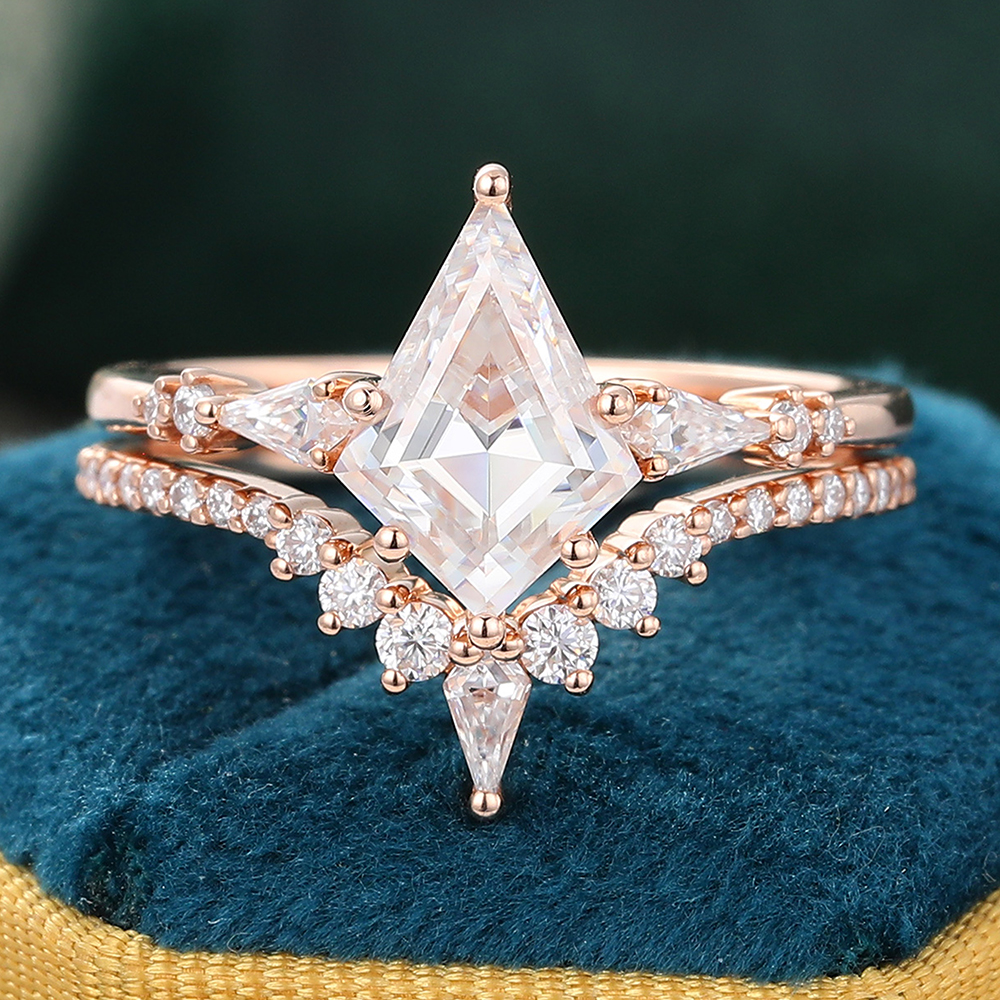Juyoyo Vintage Kite Cut Moissanite Bridal Ring Set Diamond Cluster Pave Engagement Ring Set - 2pcs