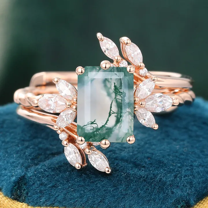Vintage Wedding Ring Sets Moss Agate Twisted Engagement Ring with Open Wedding Rings
