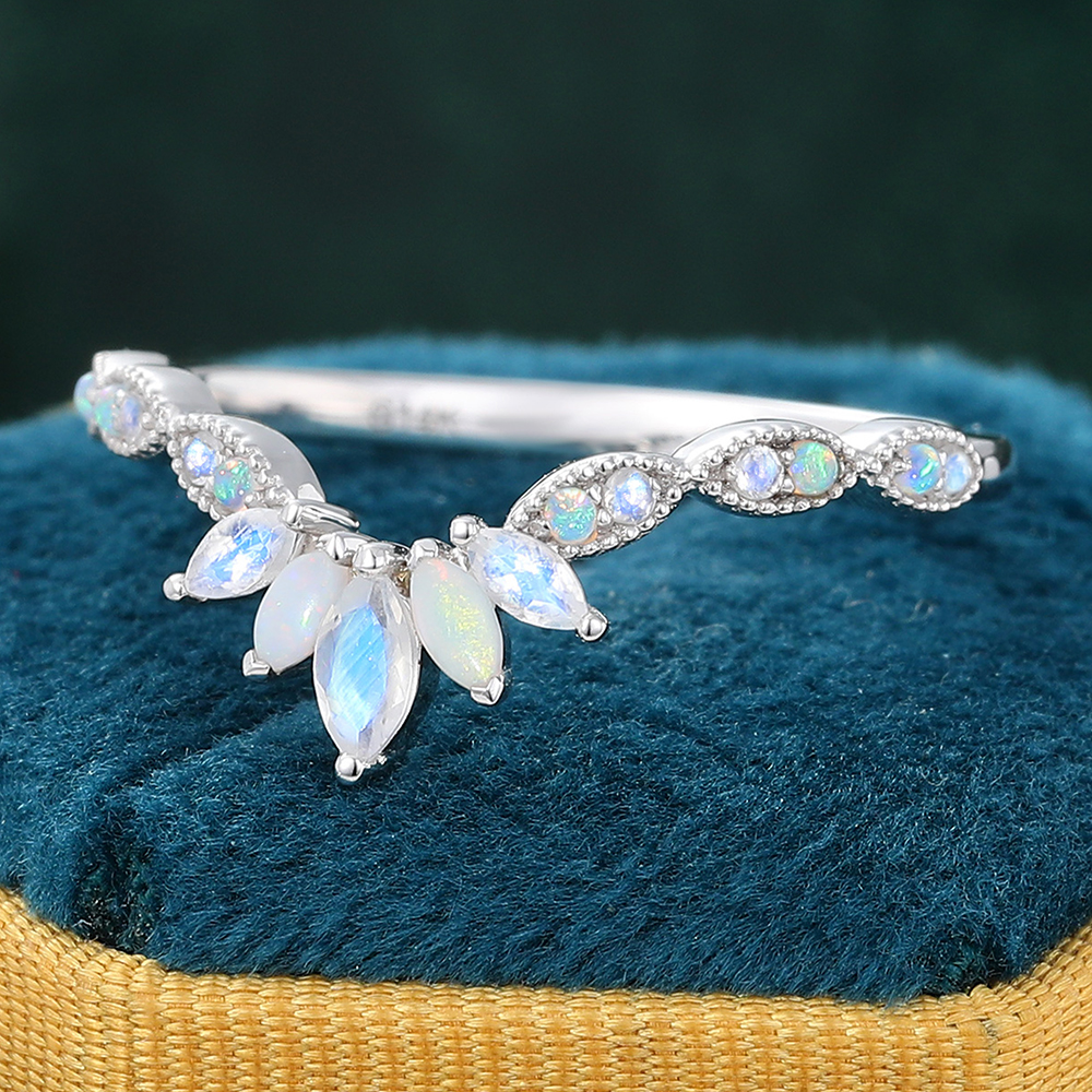 Juyoyo Marquise Cut Moonstone & Opal Crown Wedding Band Curved Stacking Ring