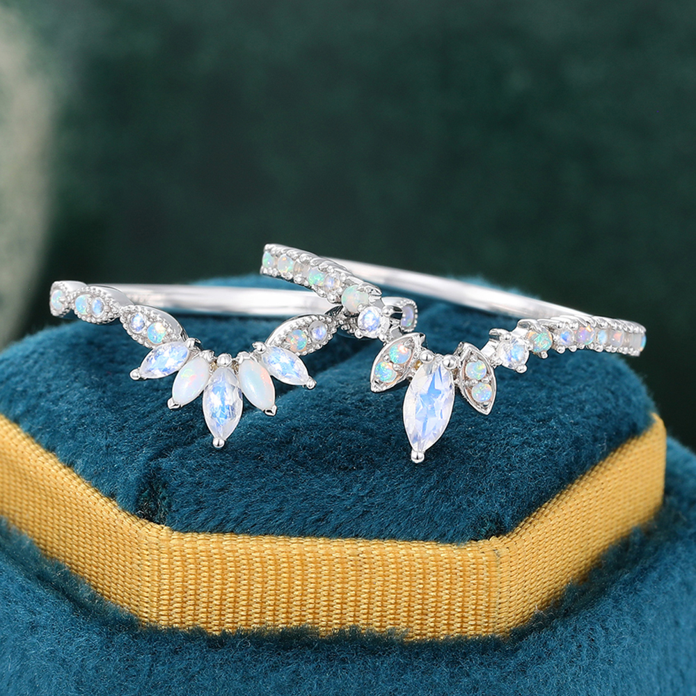 Juyoyo Unique Double Moonstone Crown Wedding Band Curved Stacking Ring - 2pcs