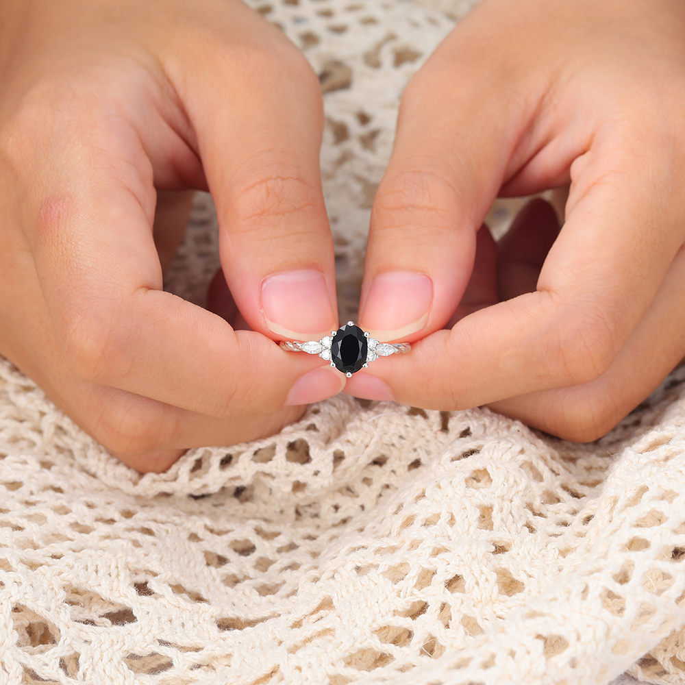 Oval Cut Black Onyx Ring Twisted Engagement Ring with Moissanite Accents in White Gold