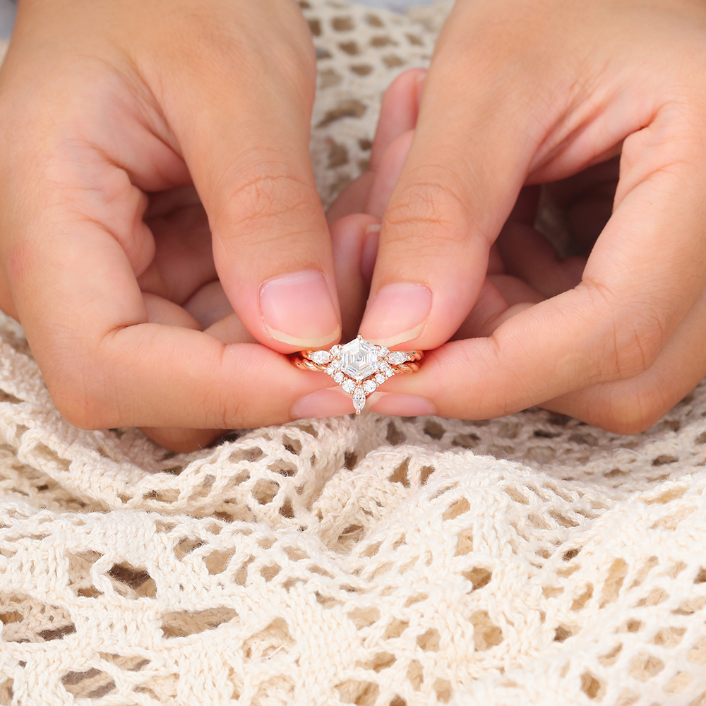 Hexagon Cut Moissanite Twisted Band Engagement Ring Bridal Ring Set - 2pcs