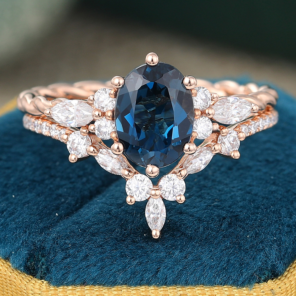 Oval London Blue Topaz Engagement Ring Set Vintage Twisted Wedding Band Juyoyo