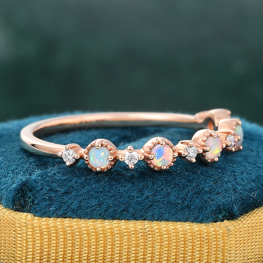Juyoyo Unique Opal Rose Gold Diamond Designer Ring Anniversary Wedding Band