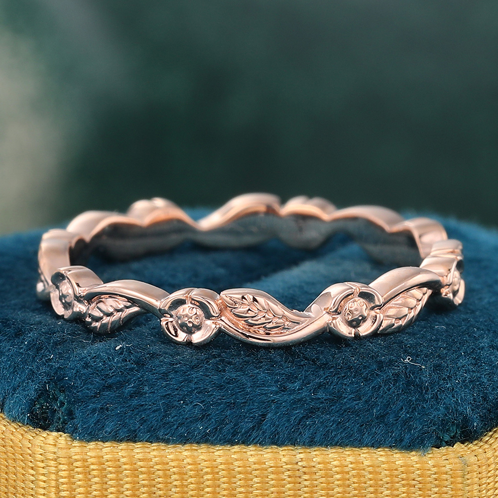 Juyoyo Rose Gold Simple Matching Wedding Band Foliage Stacking Ring Nature Inspired Ring