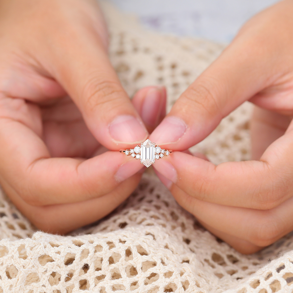 Juyoyo Long Hexagon Moissanite Engagement Ring with Diamonds Cluster Bridal Ring for Women