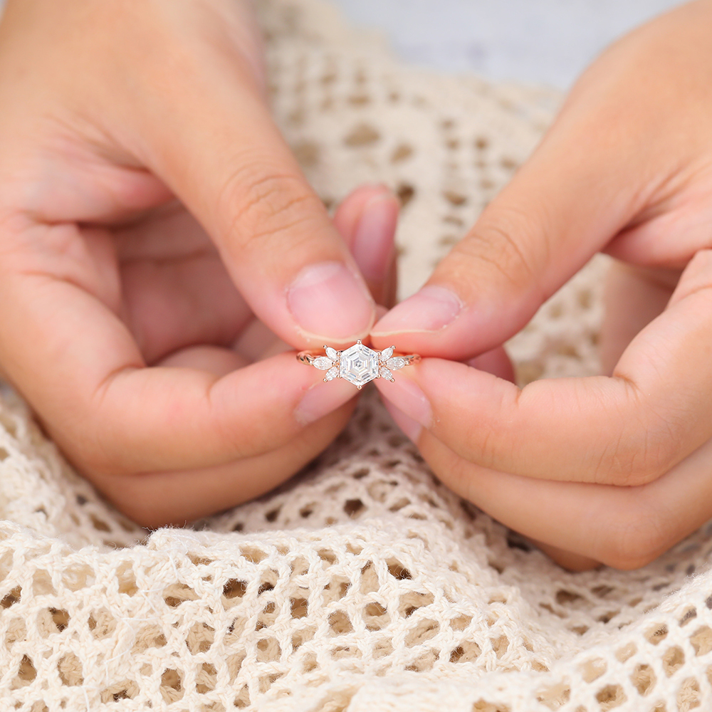 Juyoyo Prong Setting Hexagon Cut Moissanite Twisted Engagement Ring Vintage Rose Gold Bridal Ring