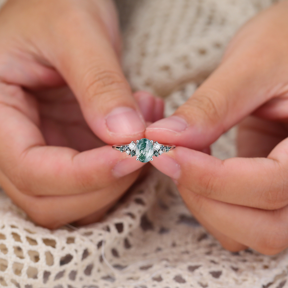 Juyoyo Oval Moss Agate Engagement Ring Multi Gemstone Cluster Ring