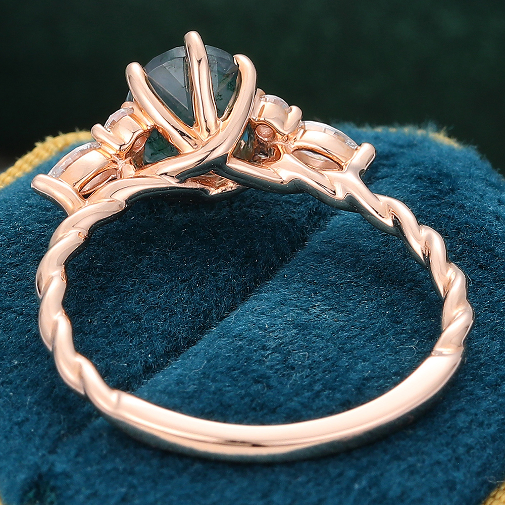 Oval Cut Moss Agate Twisted Engagement Ring with Moissanite Accents in Rose Gold