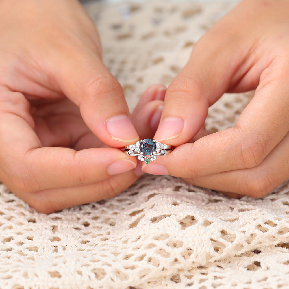 Juyoyo Alexandrite Engagement Ring Set Vintage Wedding Ring Set with Moss Agate Wedding Band - 2pcs