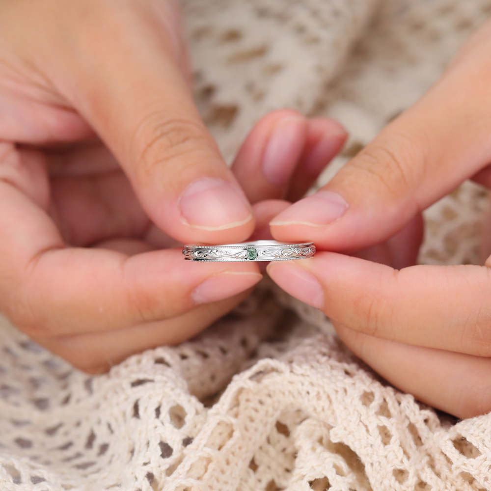 Juyoyo Vintage Scalloped Pav�� Moss Agate Wedding Band Engrave Stacking Ring