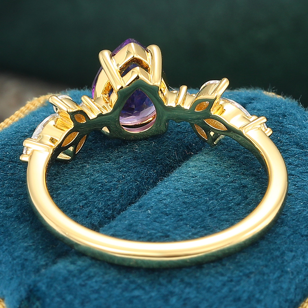 Juyoyo 14K Gold Pear Shaped Purple Amethyst Vintage Leaf Engagement Ring February Birthstone Gift