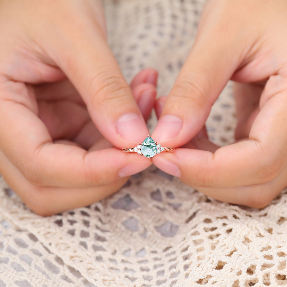 Pear Moss Agate Engagement Ring Twisted Ring with Moissanite Accents