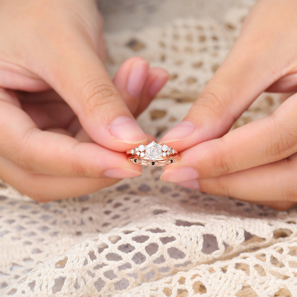 Juyoyo Vintage Moissanite Bridal Ring Set with Black Onyx Wedding Band Set - 2pcs