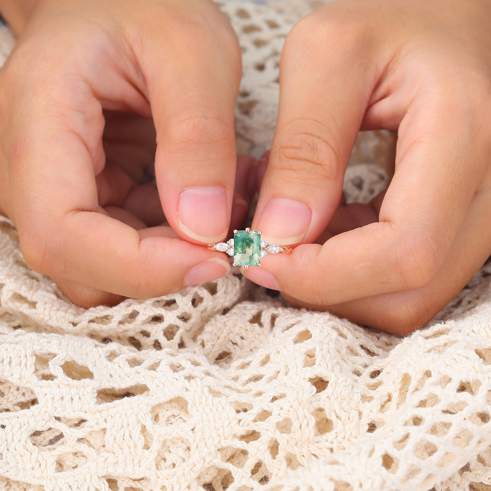 Juyoyo Emerald Cut Green Moss Agate Twisted Ring Rose Gold 