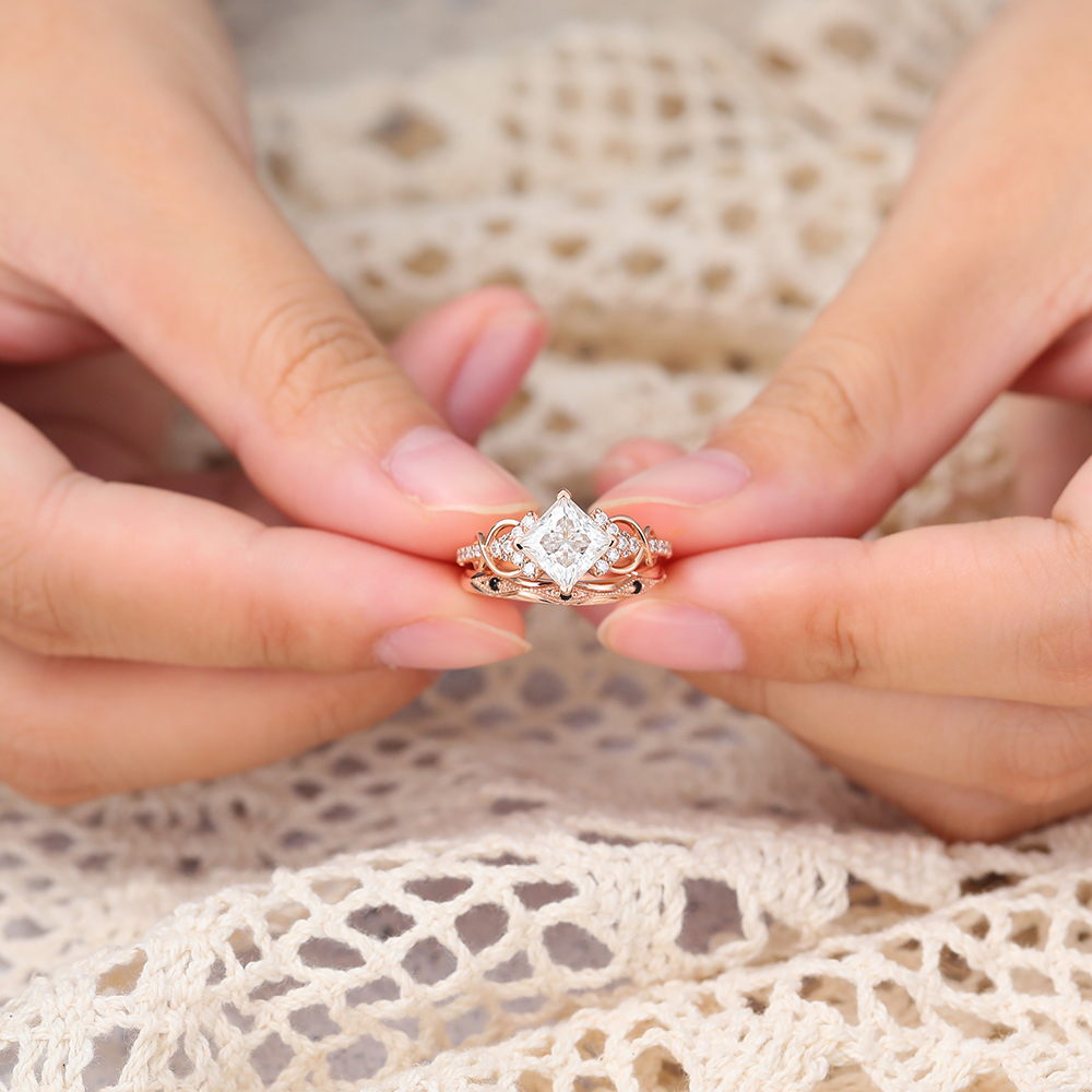 Juyoyo Princess Cut Moissanite Wedding Ring Set with Black Onyx Stacking Ring Set - 2pcs