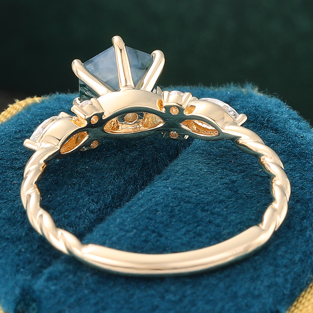 Juyoyo Vintage Hexagon Moss Agate Twisted Engagement Ring with Diamond Accents